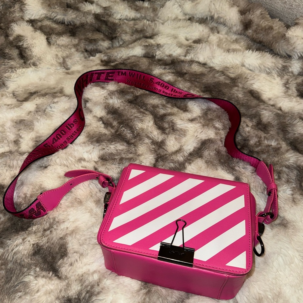 Off-White Pink and White Diagonal Stripe Crossbody with Graphic Strap